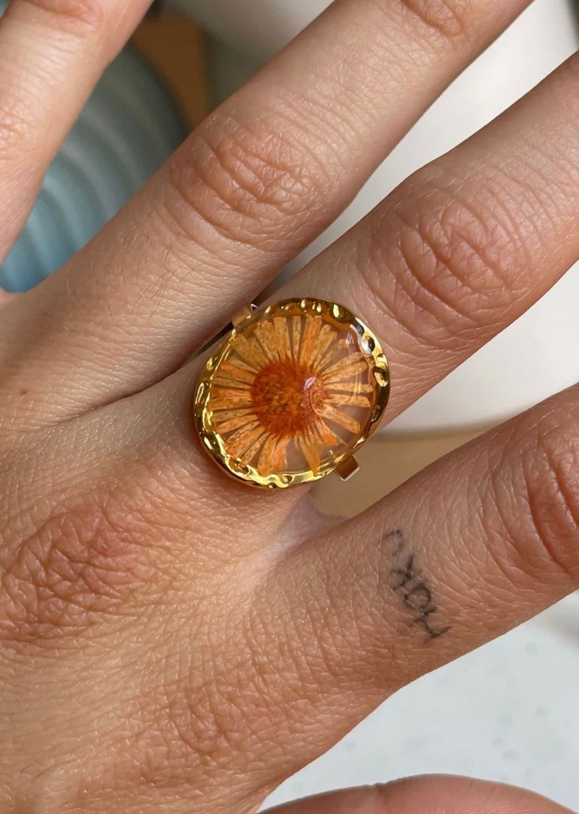 Golden Solstice Pressed Resin Flower Ring