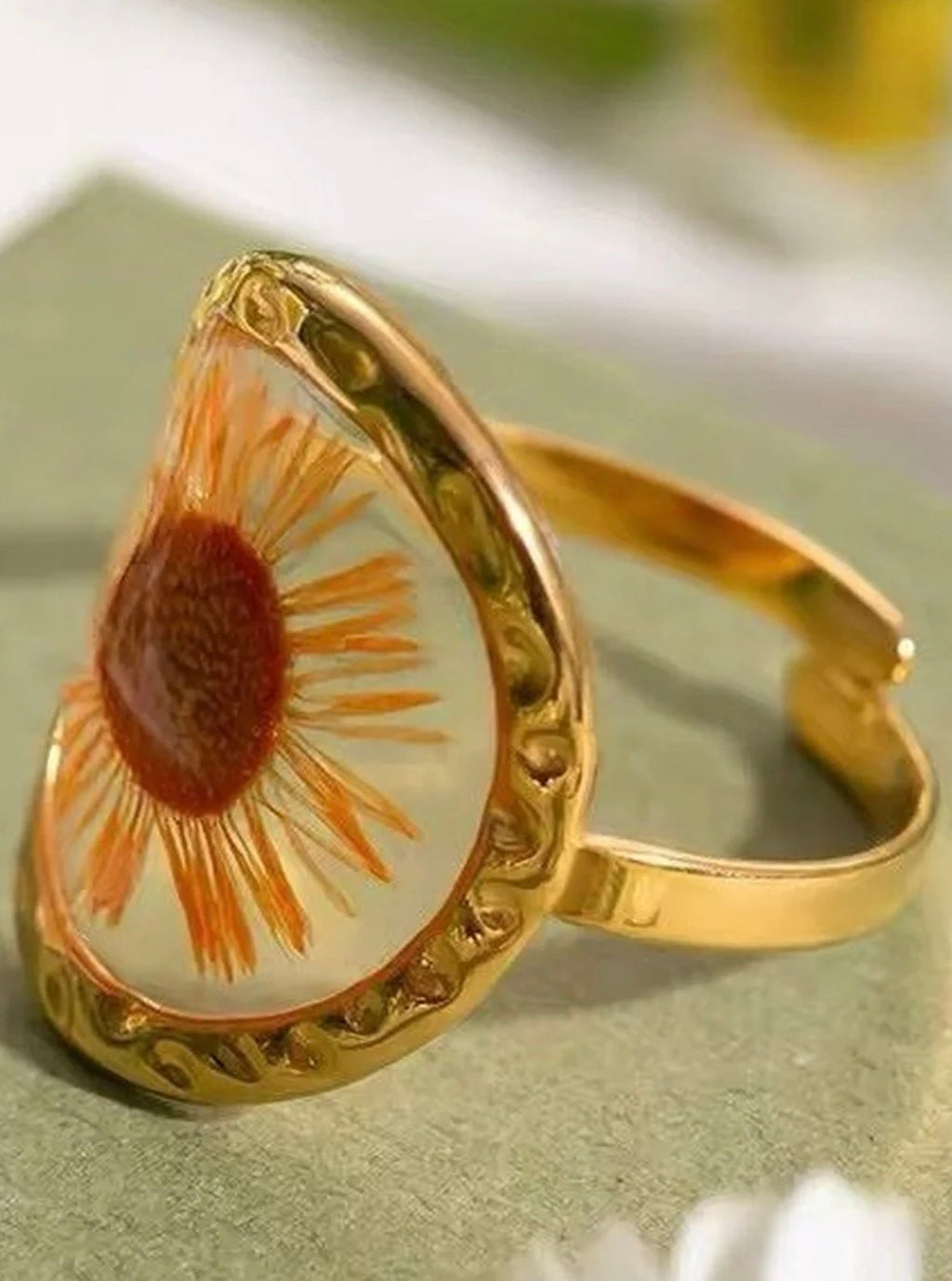 Golden Solstice Pressed Resin Flower Ring
