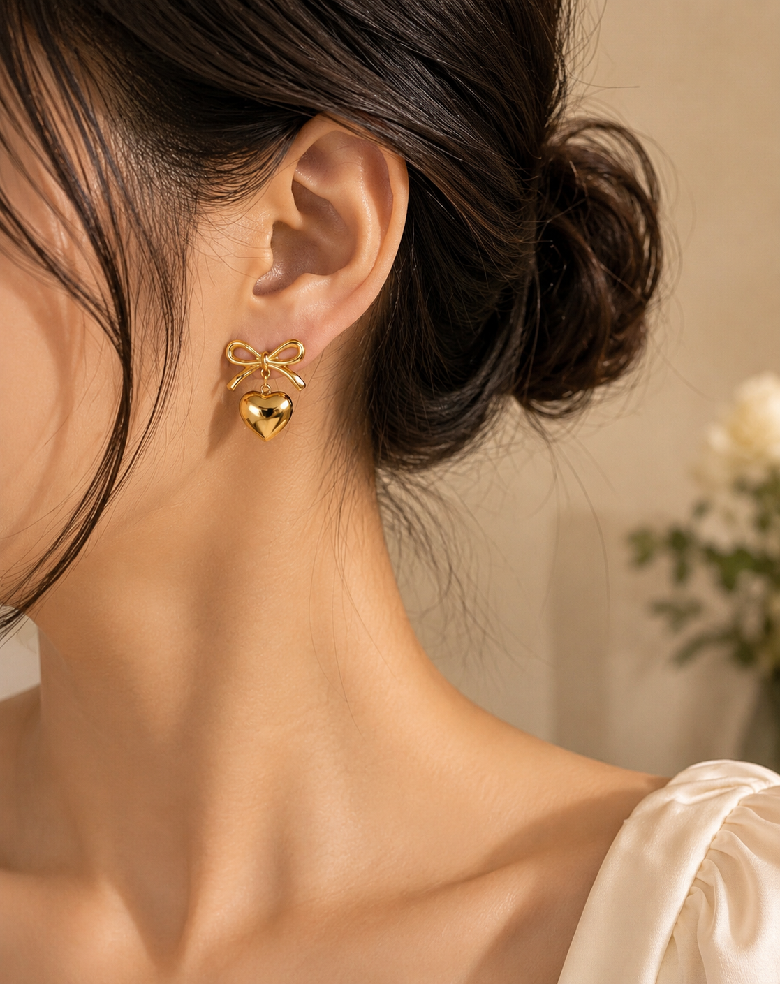 Golden Bow Heart Drop Earrings