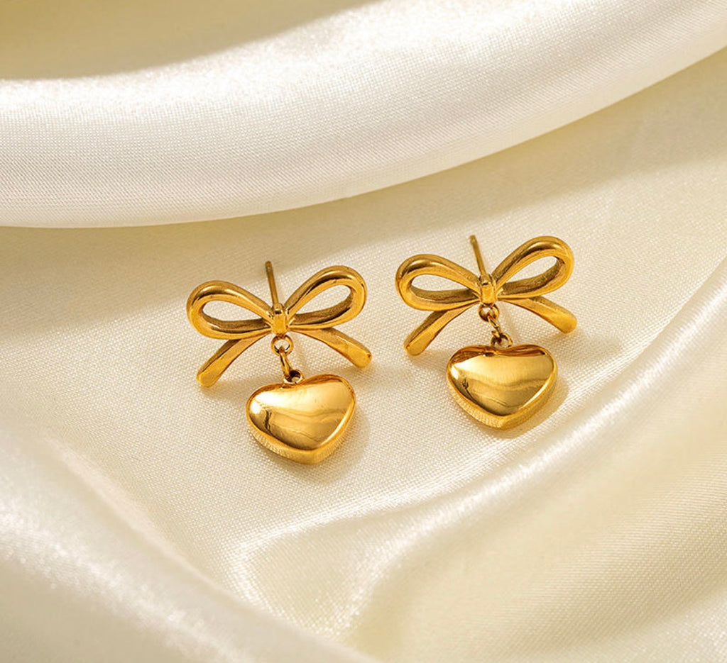 Golden Bow Heart Drop Earrings