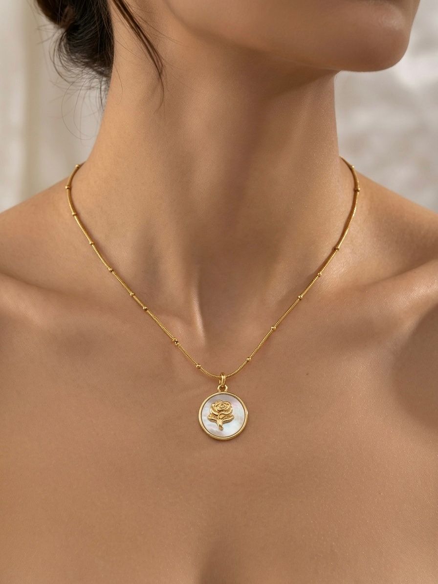 Golden Rose Shell Medallion Necklace