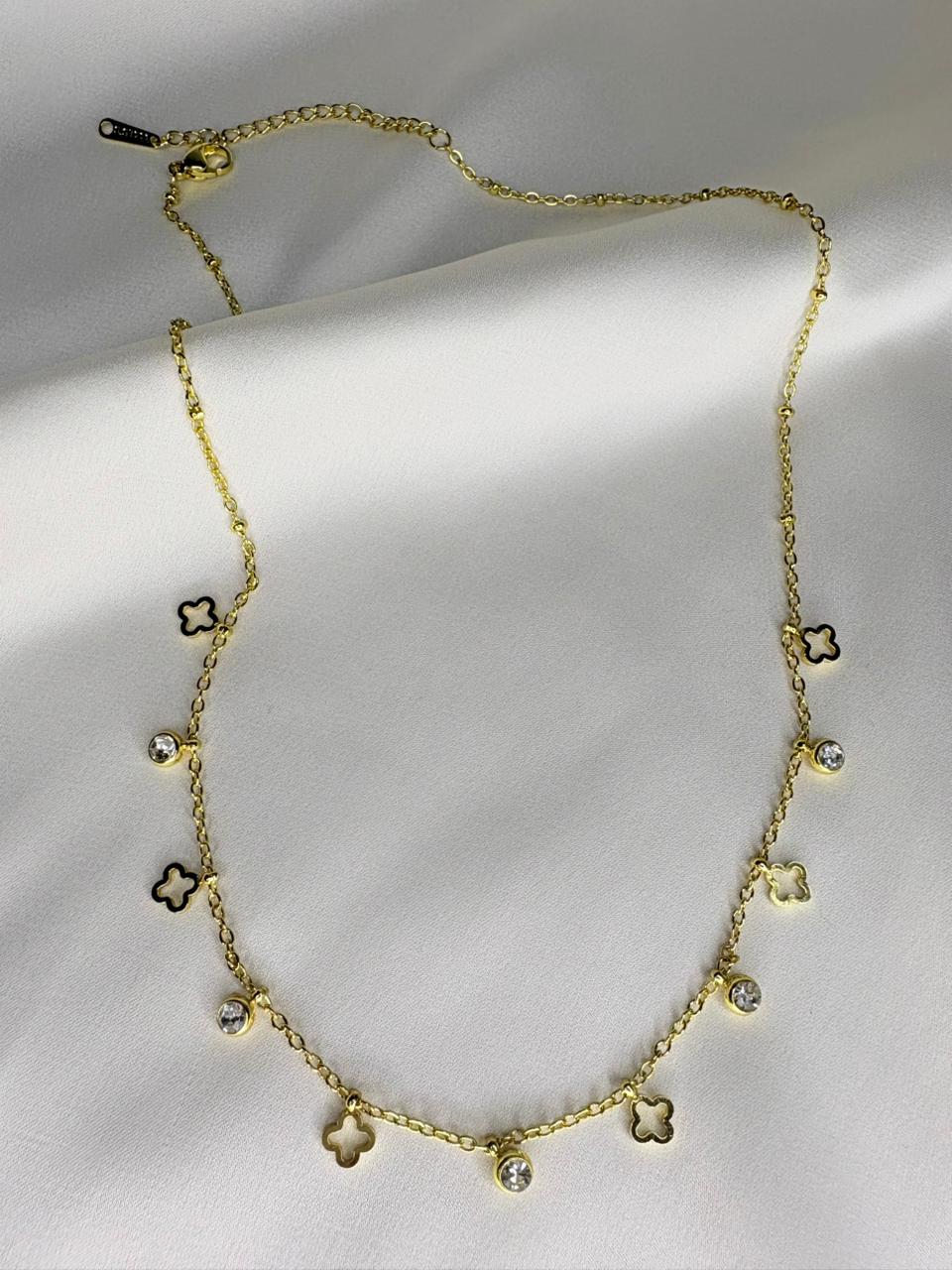Clover and Bezel-Set Crystal Charm Choker
